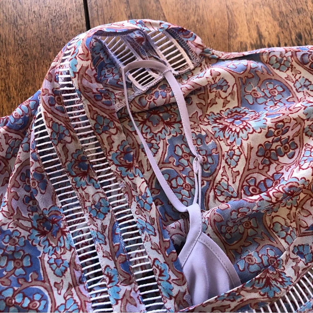 Frye purple floral long sleeve ruffle v neck blouse sheer boho tunic peasant - Picture 5 of 11